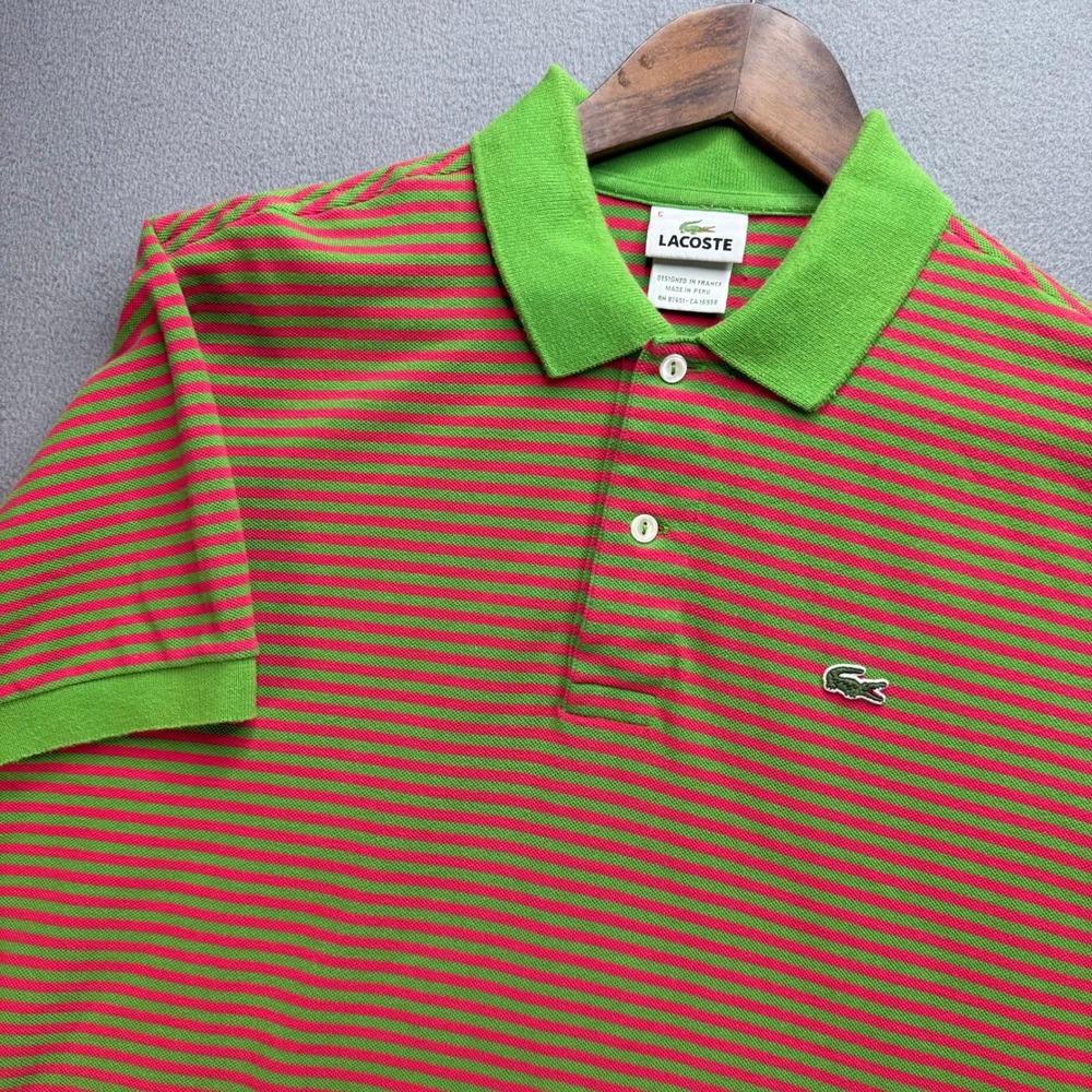 Lacoste Polo Shirt Mens 5 Red Green Striped Short Sleeve Crocodile Logo Classic